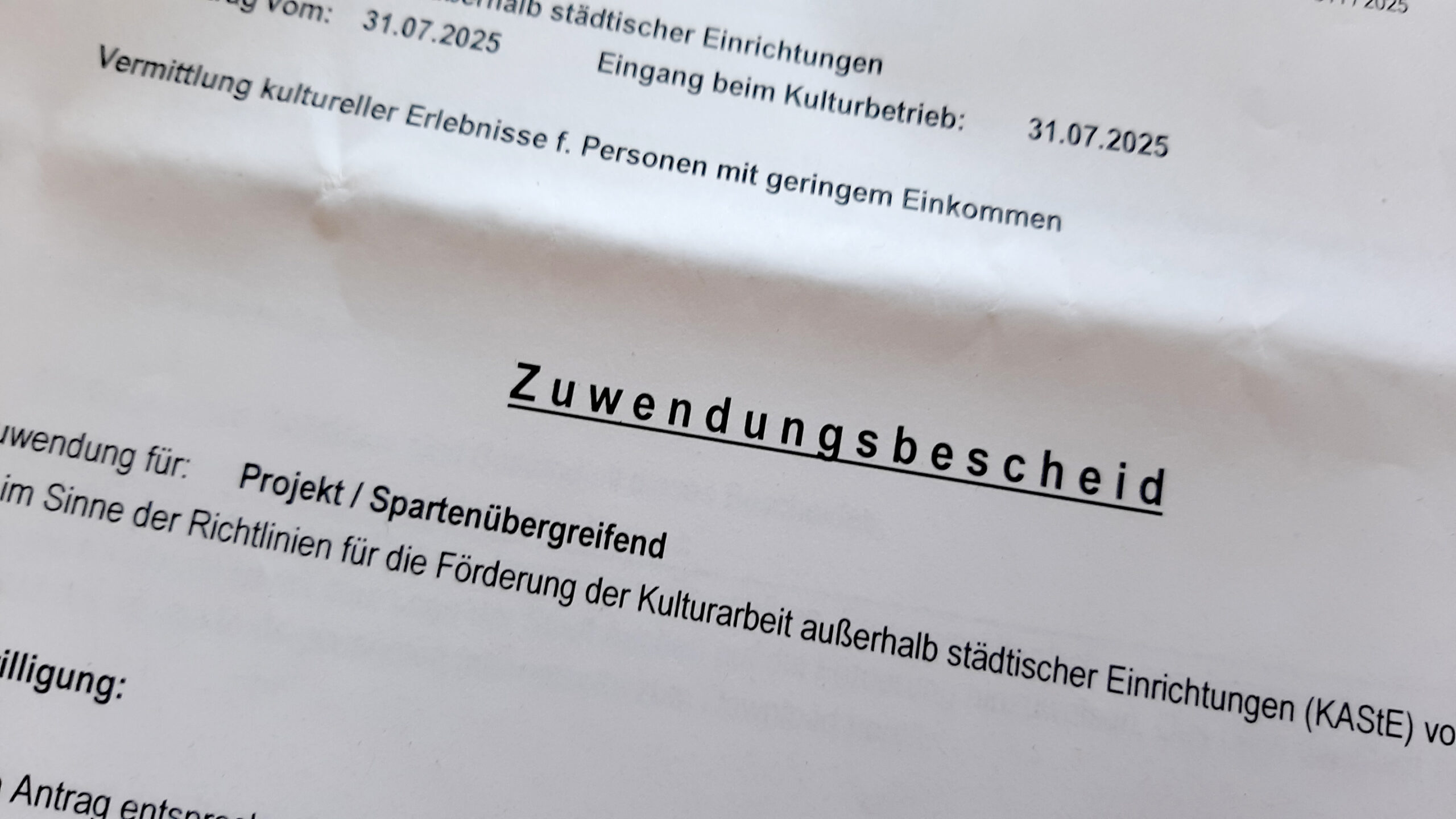 Zuwendungsbescheid des Kulturbetriebs der Stadt Aachen (Ausschnitt)